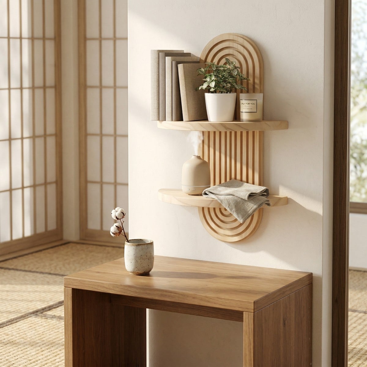 Étagère Japandi murale arc minimaliste en bois — style japandi