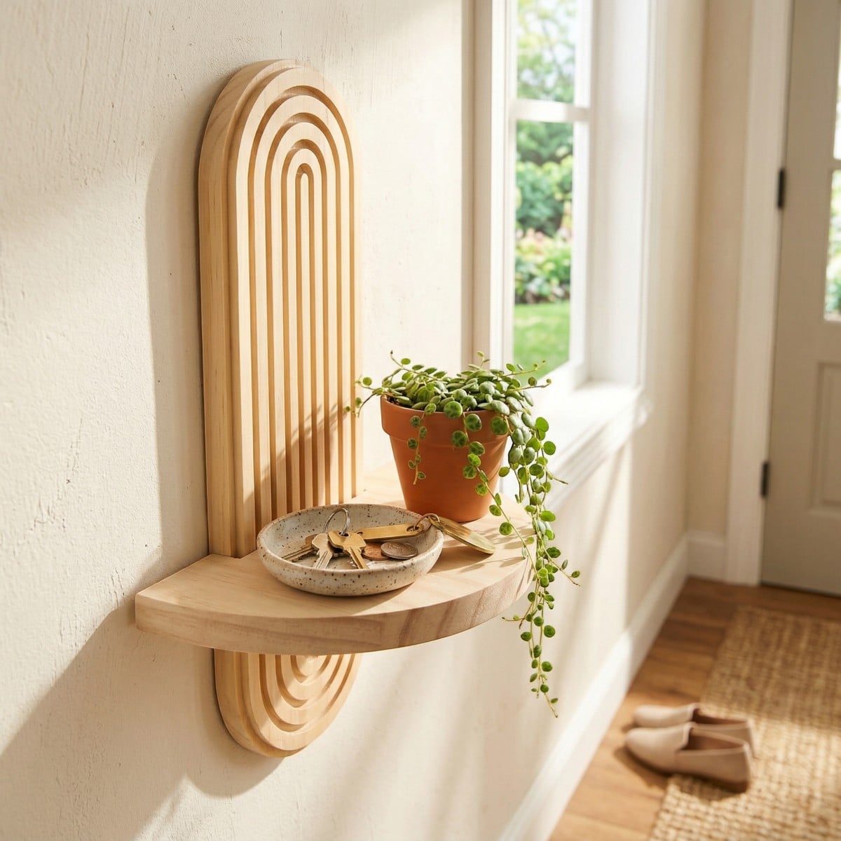 Étagère Japandi murale arc minimaliste en bois — style japandi