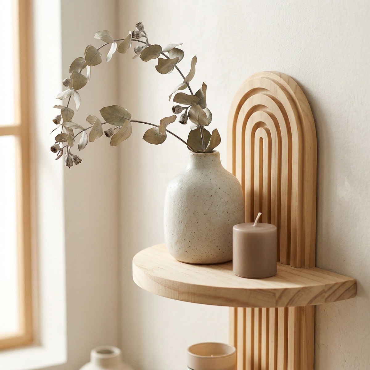 Étagère Japandi murale arc minimaliste en bois — style japandi