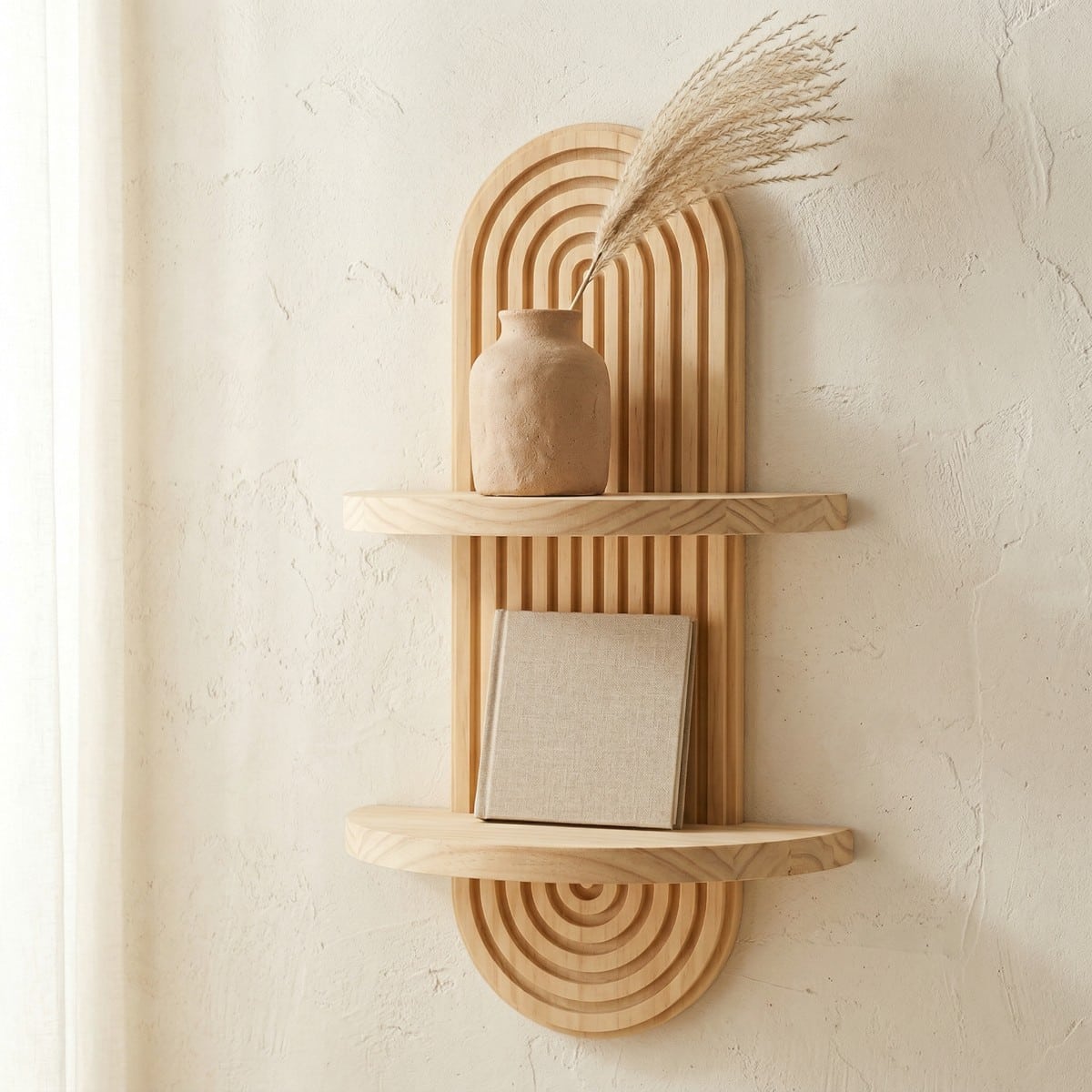 Étagère Japandi murale arc minimaliste en bois — style japandi