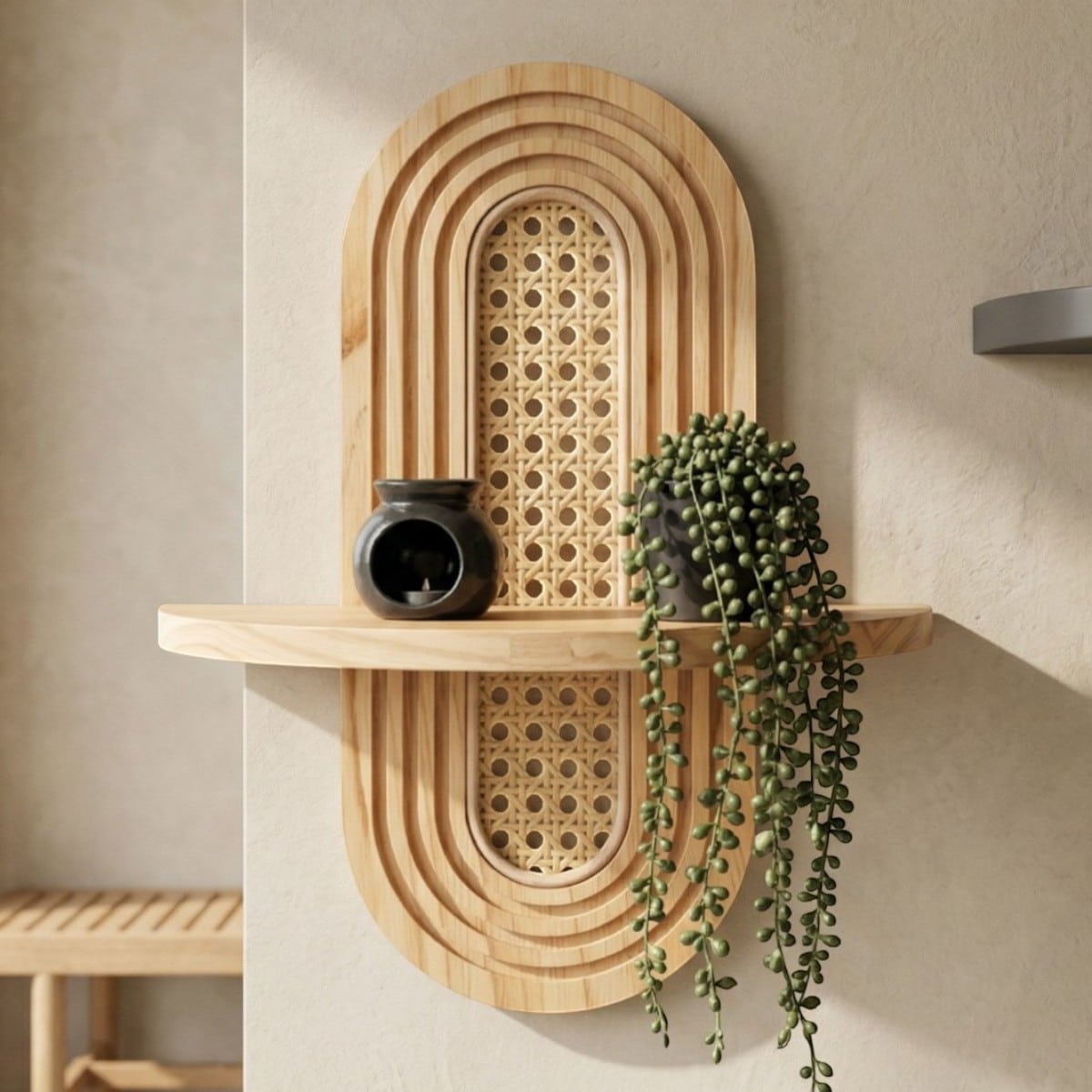 Étagère Japandi en rotin et bois clair fixée au mur avec arche naturelle. Plateau en bois et tressage rotin décoratif où plantes et objets reposent dans un style zen chaleureux.