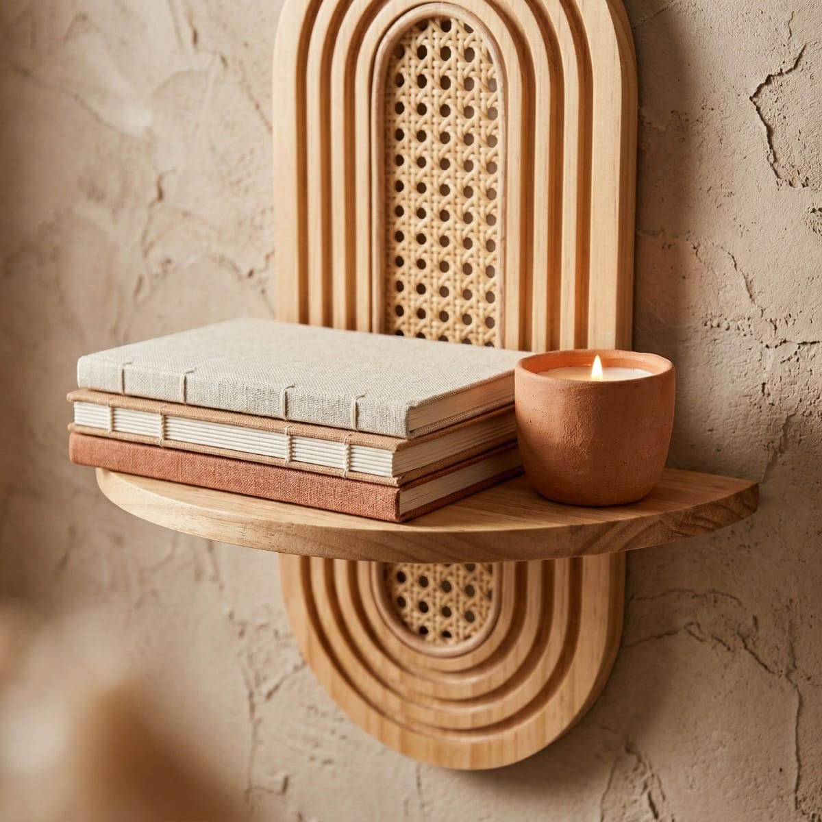 Étagère Japandi en rotin et bois clair — style japandi