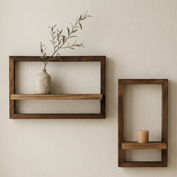 Sur un mur clair, le lot 2 étagères murales Japandi cadre en bois montre deux cadres flottants en bois naturel. Quelques objets décoratifs reposent dedans, créant une ambiance minimaliste et zen.