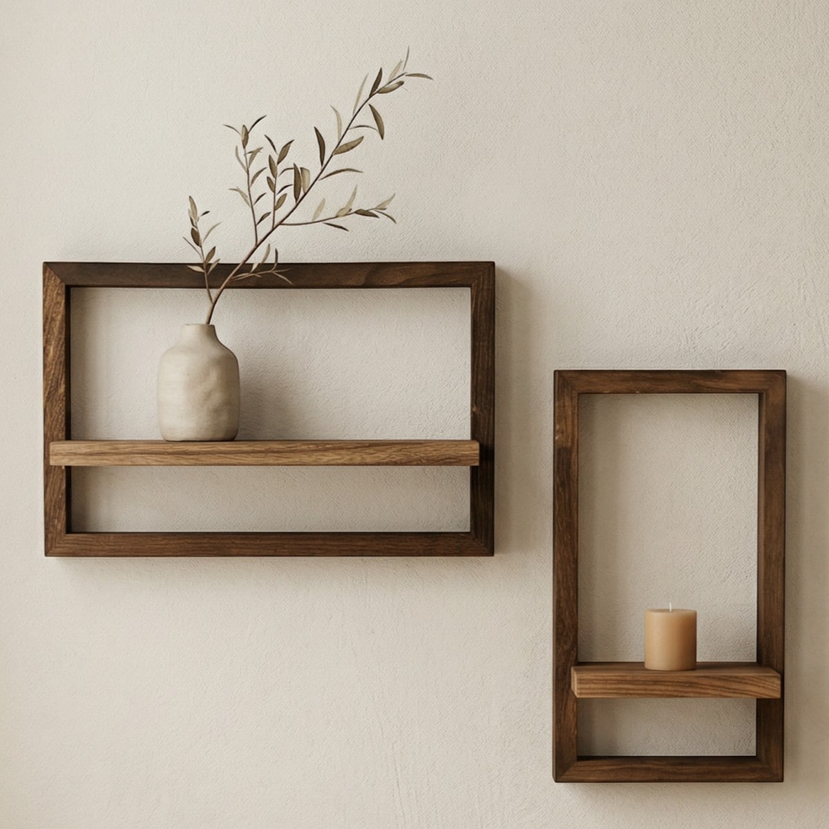 Sur un mur clair, le lot 2 étagères murales Japandi cadre en bois montre deux cadres flottants en bois naturel. Quelques objets décoratifs reposent dedans, créant une ambiance minimaliste et zen.