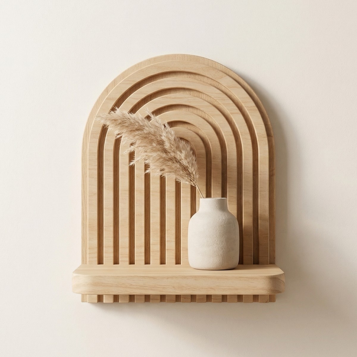 L'étagère flottante Japandi arches bois naturel clair fixée au mur, structure minimaliste en bois massif avec arche décorative.