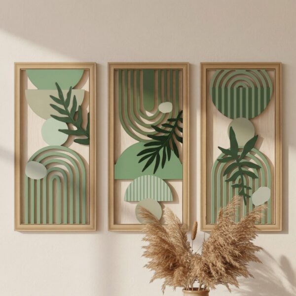 Trio cadre mural Japandi bois vert et arcs fougères composé de trois panneaux décoratifs avec arches et feuilles vertes créant une décoration murale naturelle et zen.