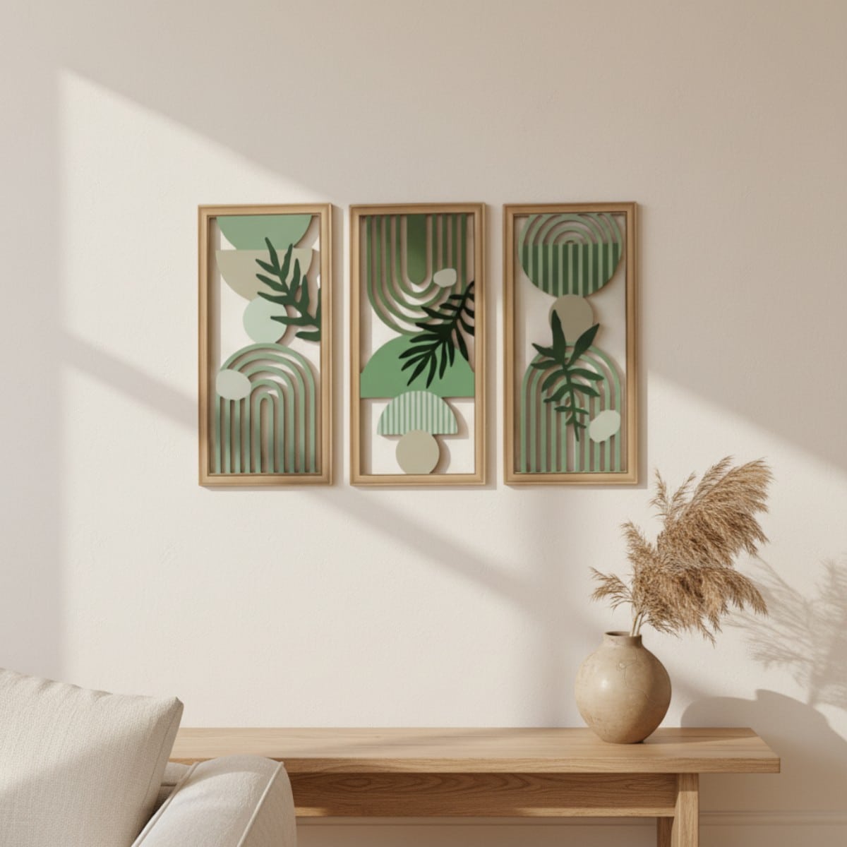 Trio cadre mural Japandi bois vert arcs et fougères, décoration d'intérieur style japandi