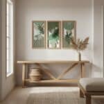 Trio cadre mural Japandi bois vert arcs et fougères, décoration d'intérieur style japandi