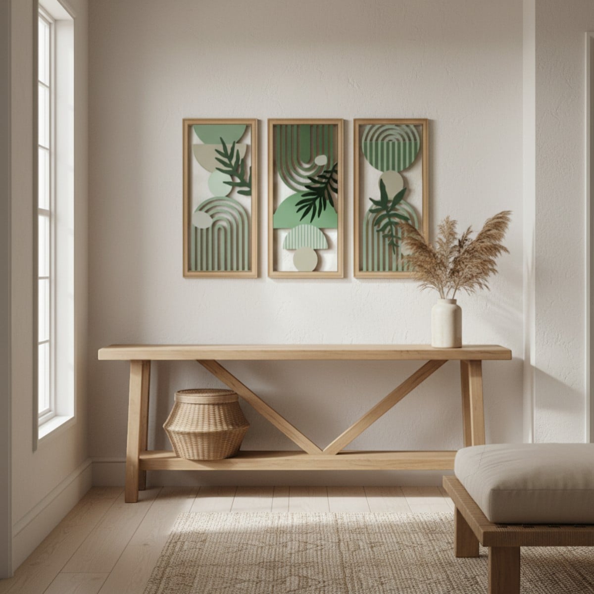 Trio cadre mural Japandi bois vert arcs et fougères, décoration d'intérieur style japandi