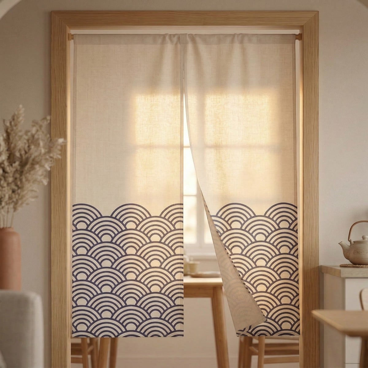 Dans une ouverture de porte, le rideau japonais blanc motif vagues bleu marine double ouverture montre un tissu clair décoré de vagues japonaises, fendu au centre pour passer facilement.