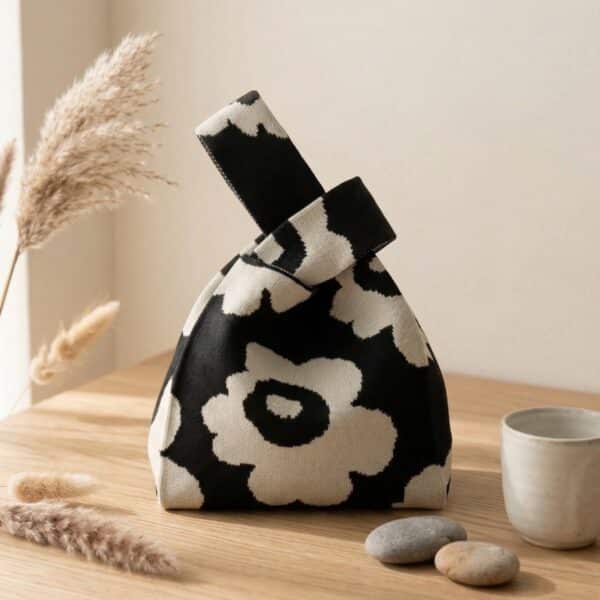 Notre sac japonais kinchaku tricoté motif floral, en forme se petit sac pochon en maille épaisse avec motifs fleurs colorées, tenu au poignet, style japonais minimaliste, doux et élégant pour transporter vos essentiels.