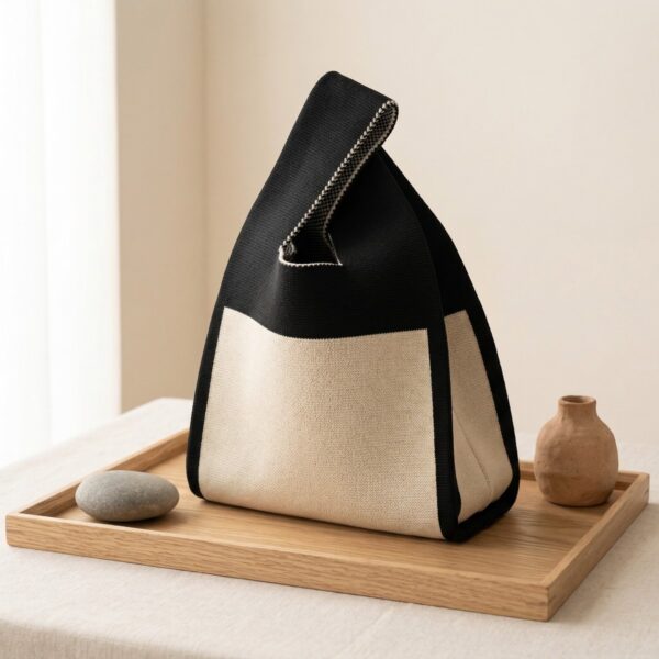 Mini sac kinchaku japonais tricot bicolore femme posé sur plateau bois, sac textile noir et beige à maille épaisse avec poignée pliée, style Japandi minimaliste élégant.
