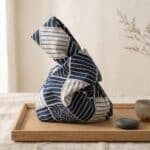 Notre sac japonais furoshiki noué coton indigo : petit sac en tissu naturel bleu indigo noué façon furoshiki, style japonais minimaliste pour transporter bento, smartphone et essentiels.
