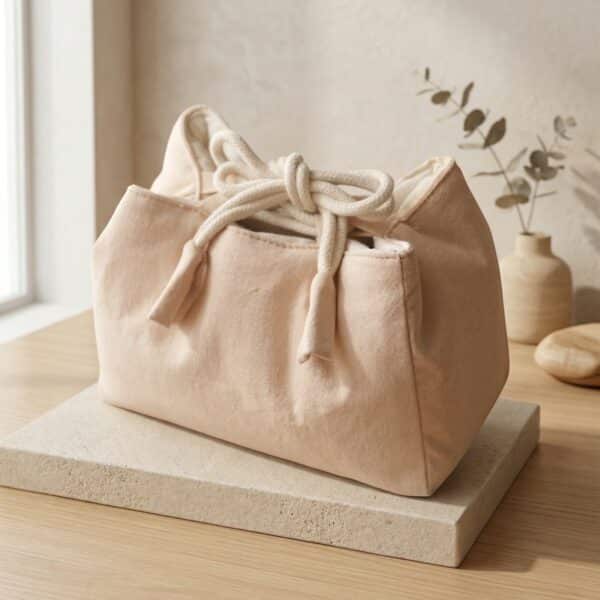 Sur une table en bois clair, le sac japonais de rangement pour service thé beige est fermé par un cordon épais. Sac textile minimaliste posé près d’un vase et d’un meuble en bois.