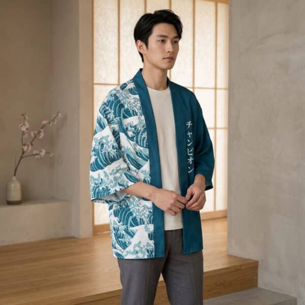 Un jeune homme portant une veste haori homme bleue à imprimé vagues de Kanagawa sur un t-shirt blanc, posant dans une pièce lumineuse au décor japonais traditionnel avec une cloison en papier et une petite plante.