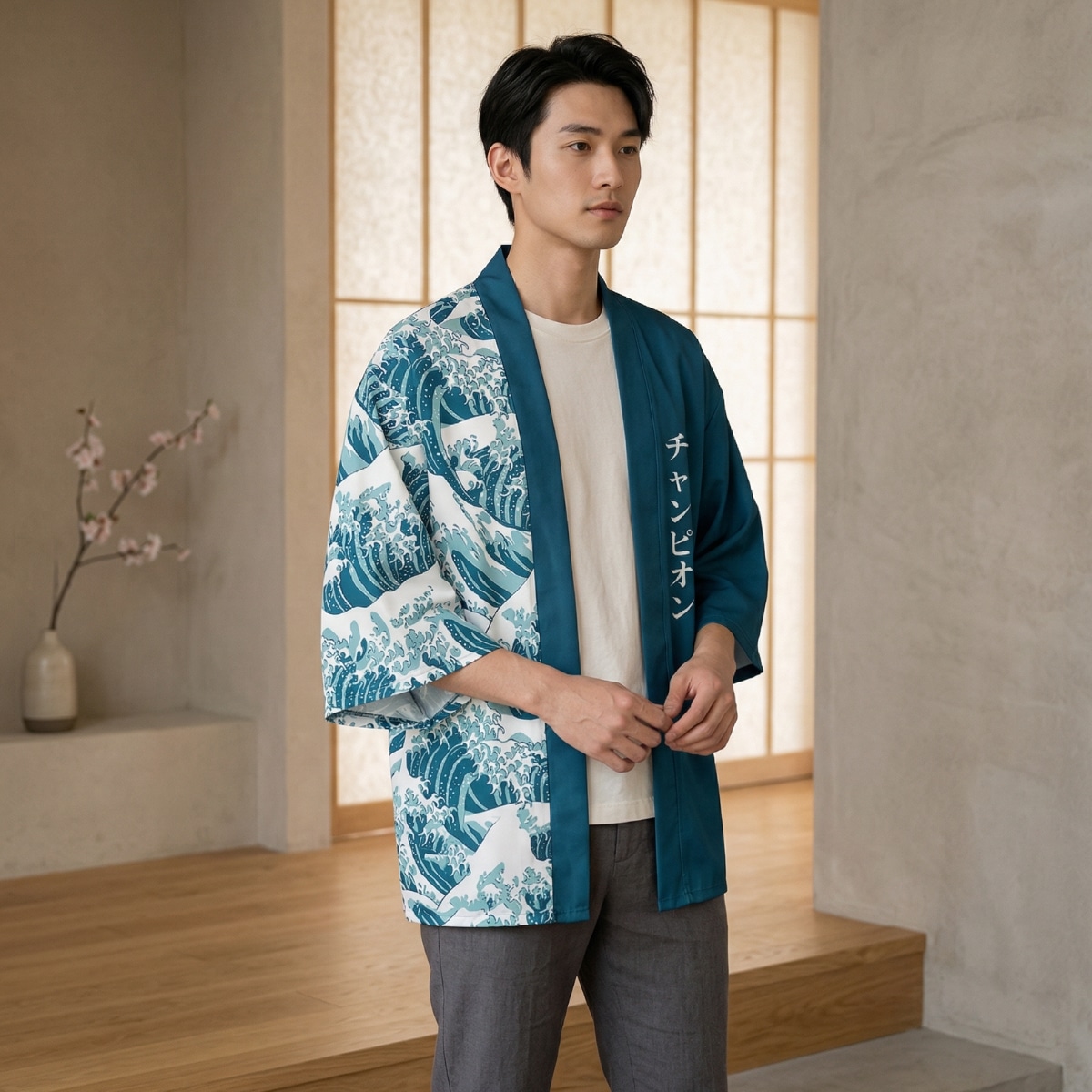 Un jeune homme portant une veste haori homme bleue à imprimé vagues de Kanagawa sur un t-shirt blanc, posant dans une pièce lumineuse au décor japonais traditionnel avec une cloison en papier et une petite plante.