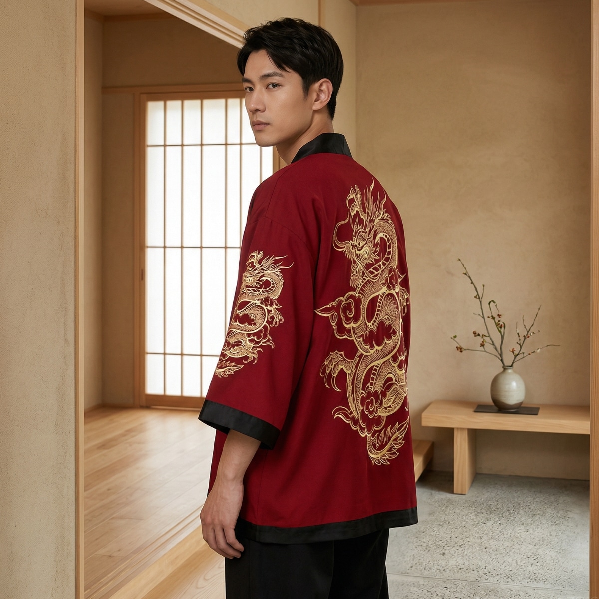 Un jeune homme de dos portant une veste haori homme rouge à motif dragon avec de grandes broderies dorées et des bords noirs, dans une pièce japonaise traditionnelle aux tons beige et bois clair.