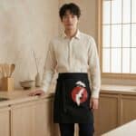 Un jeune homme portant un tablier japonais de taille avec imprimé grue de couleur noire, orné d'un soleil rouge et de deux oiseaux blancs, sur une chemise blanche dans une cuisine au style épuré et boisé.