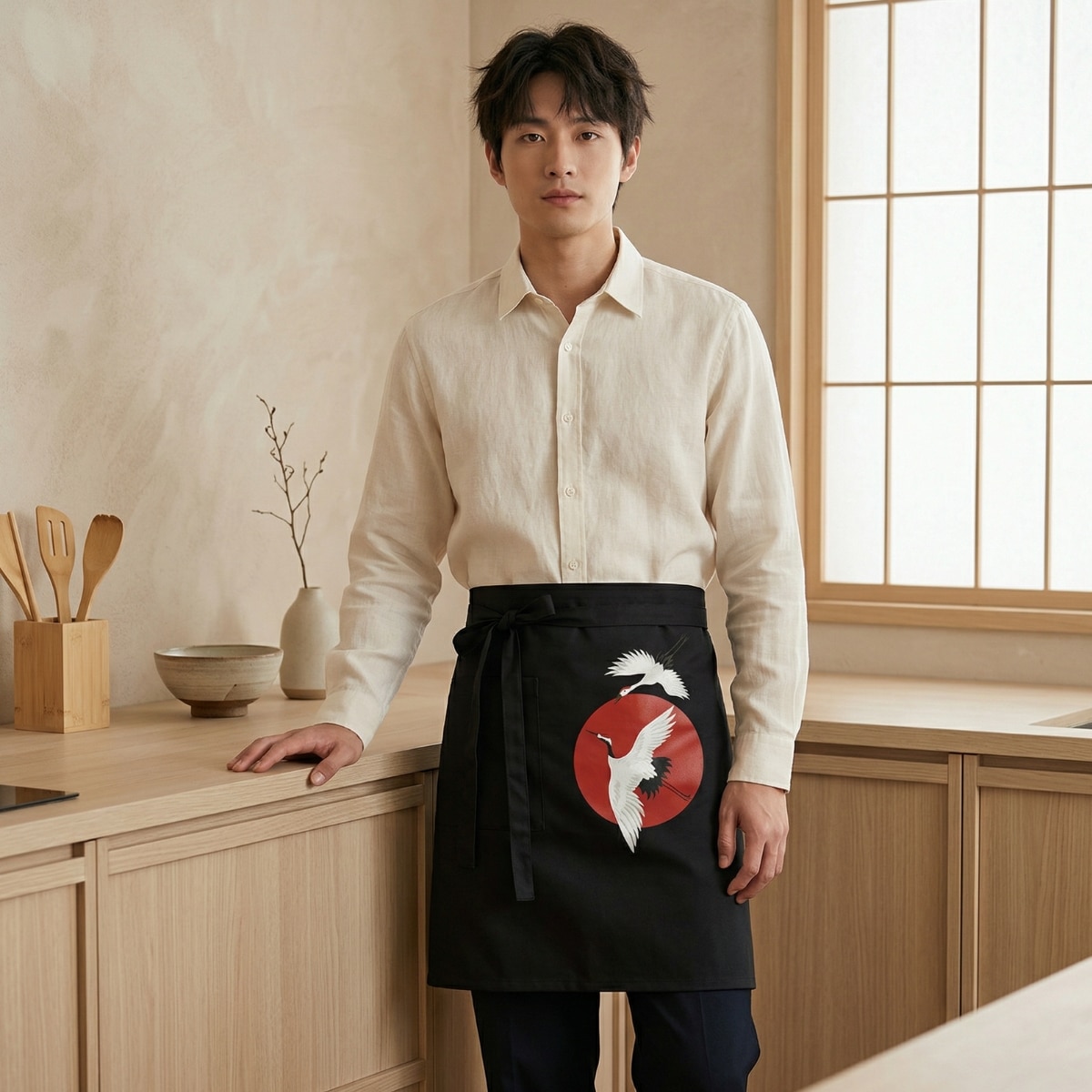Un jeune homme portant un tablier japonais de taille avec imprimé grue de couleur noire, orné d'un soleil rouge et de deux oiseaux blancs, sur une chemise blanche dans une cuisine au style épuré et boisé.