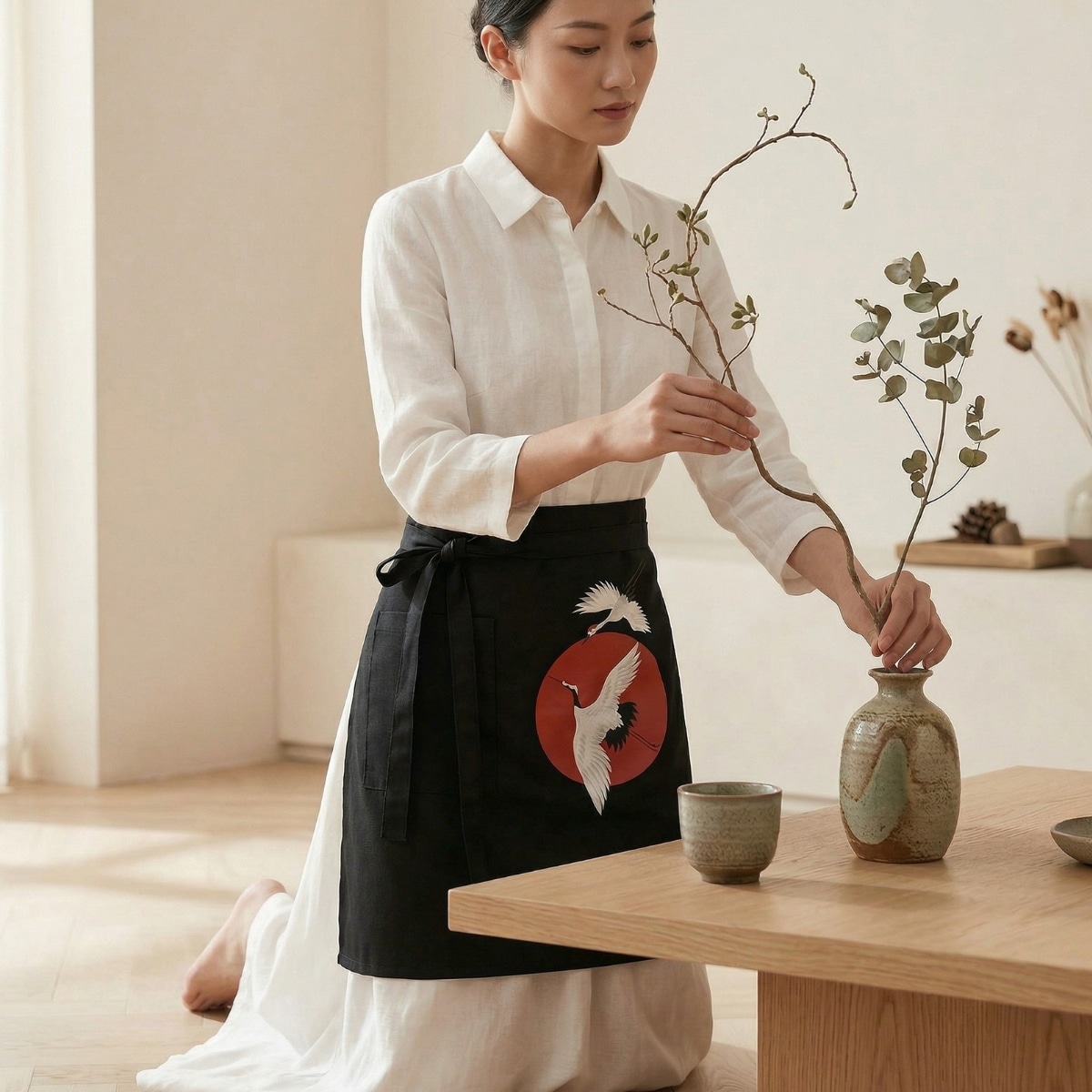 Tablier japonais de taille avec imprimé grue — style japandi