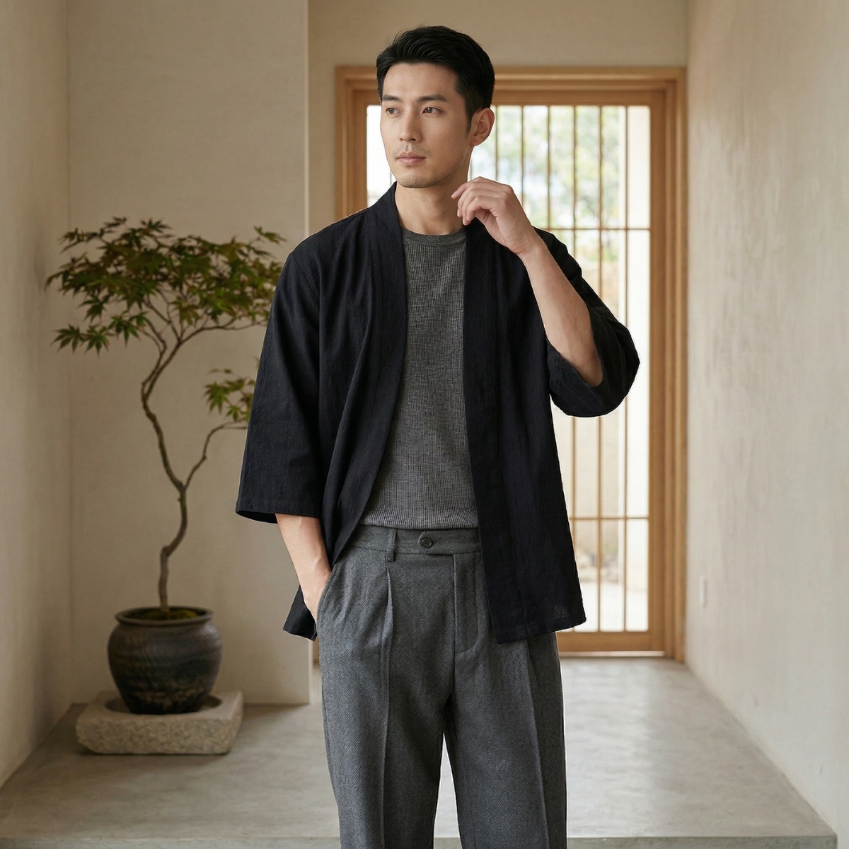 Un homme asiatique portant une veste haori homme de couleur unie noire par-dessus un t-shirt gris, dans une pièce lumineuse et épurée décorée d'une petite plante verte en pot.
