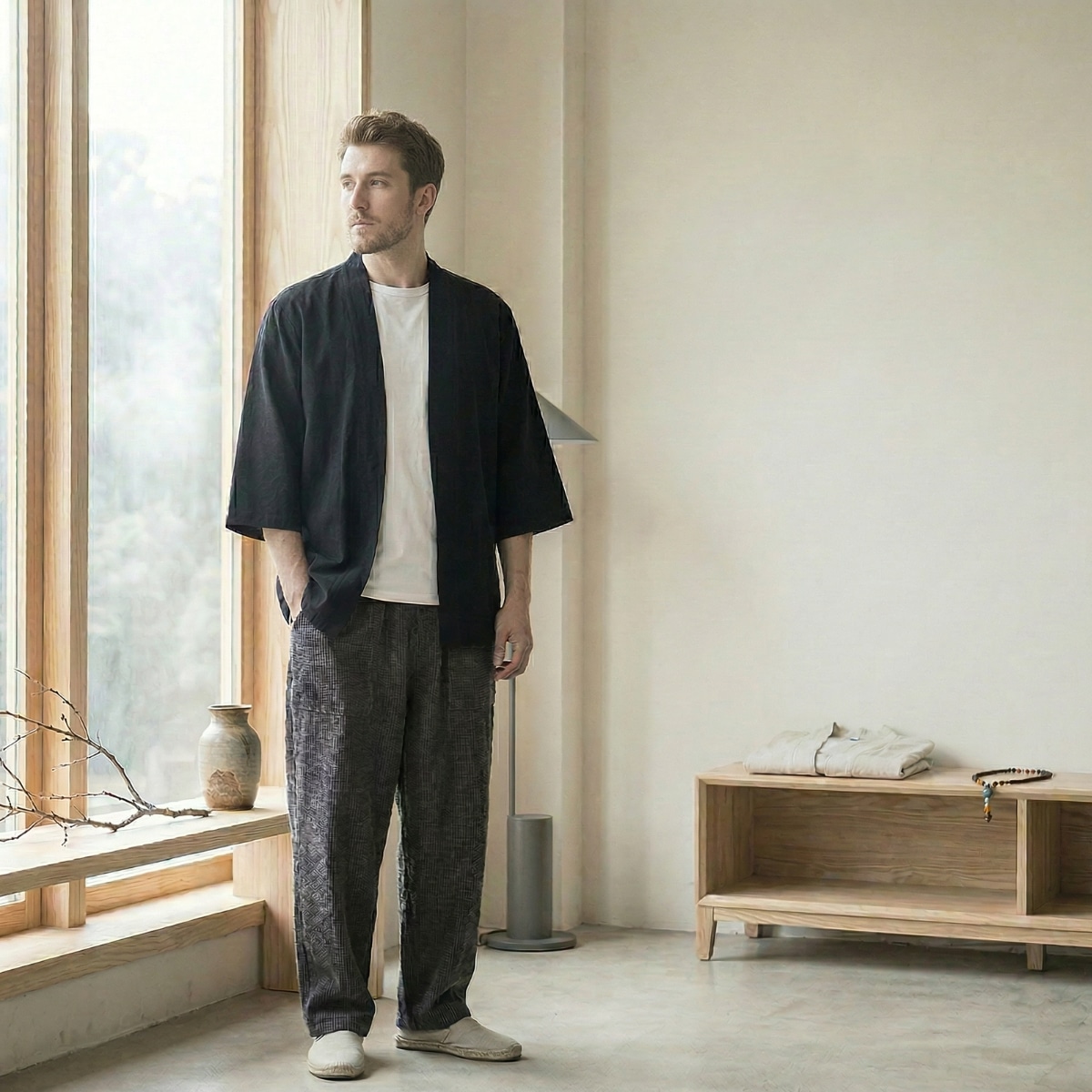 Veste haori homme de couleur unie, vêtement japonais porté de face