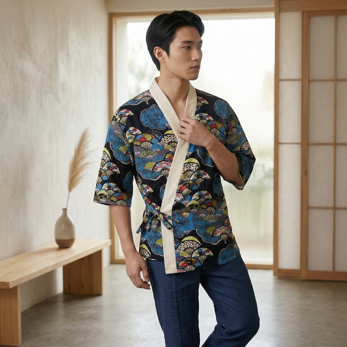 Un jeune homme asiatique portant une veste japonaise à imprimé coloré pour homme avec des motifs d'éventails bleus et verts, sur un fond d'intérieur zen et lumineux composé de murs blancs et de structures en bois.