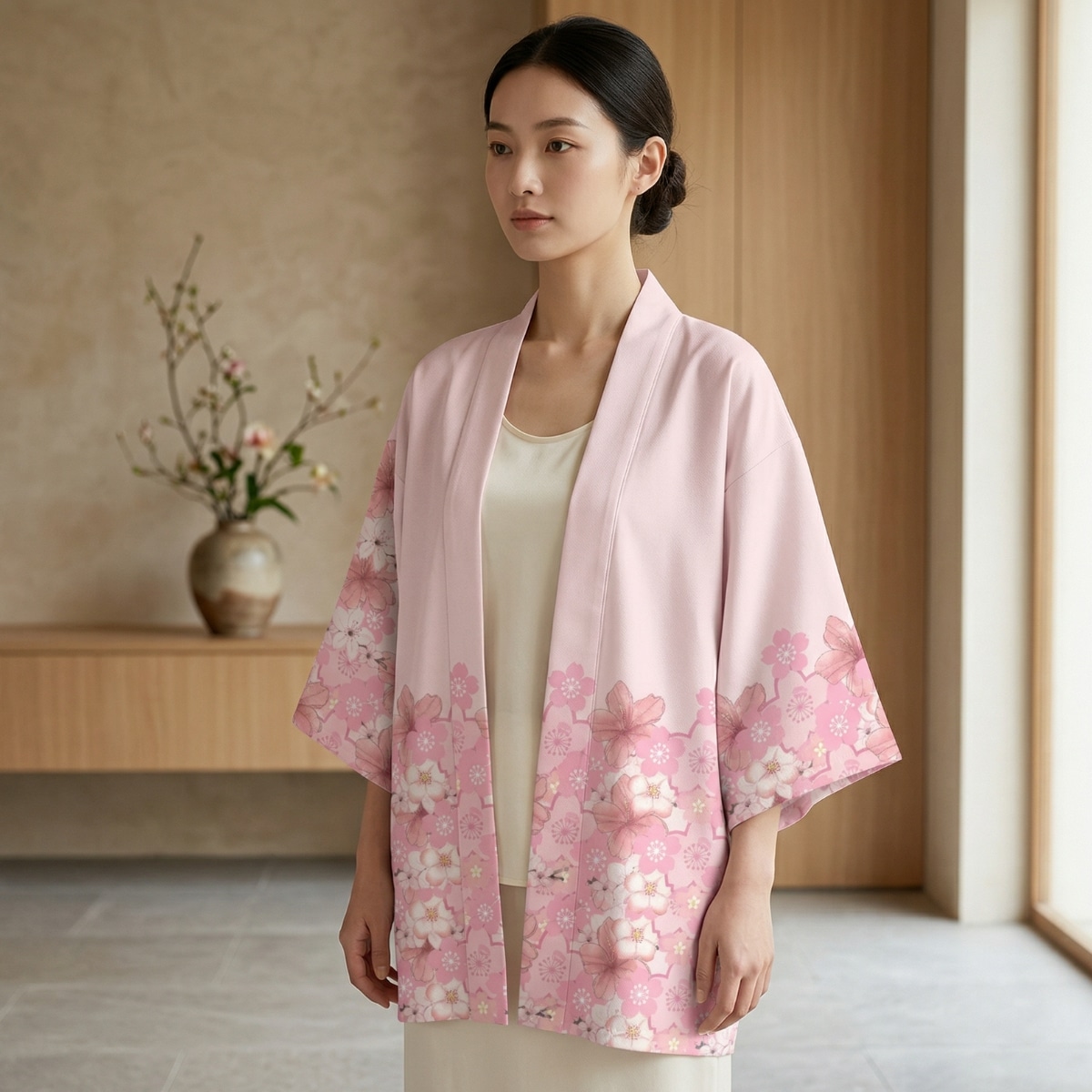 Une femme asiatique portant une veste japonaise à motif fleurs de cerisier pour femme de couleur rose pastel avec des manches larges, dans un intérieur lumineux et épuré au style japonais avec un vase fleuri en arrière-plan.