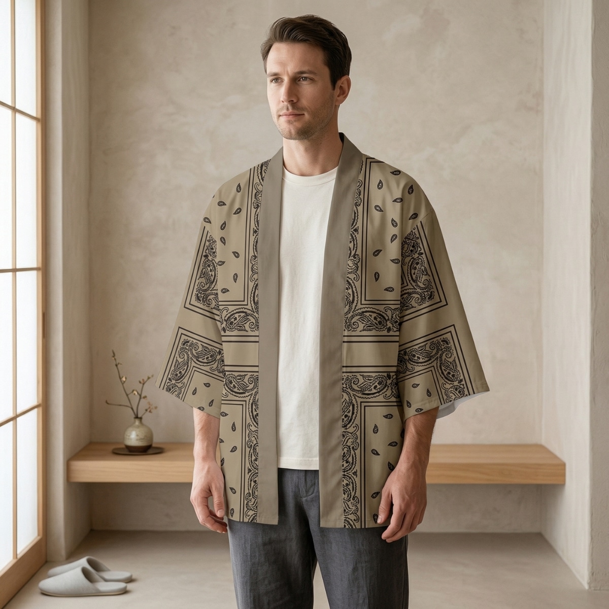 Un homme portant une veste haori homme marron à motif paisley par-dessus un t-shirt blanc, dans une pièce lumineuse au style japonais épuré avec des murs beiges et une fenêtre traditionnelle en bois.