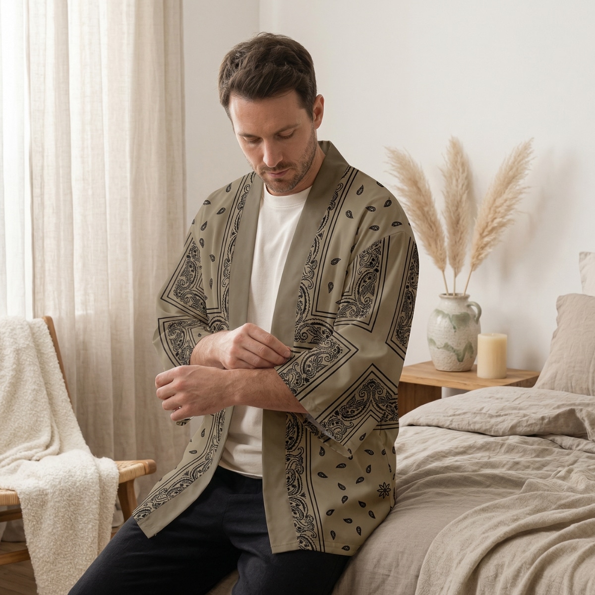 Veste haori homme marron à motif paisley, vêtement japonais porté de face