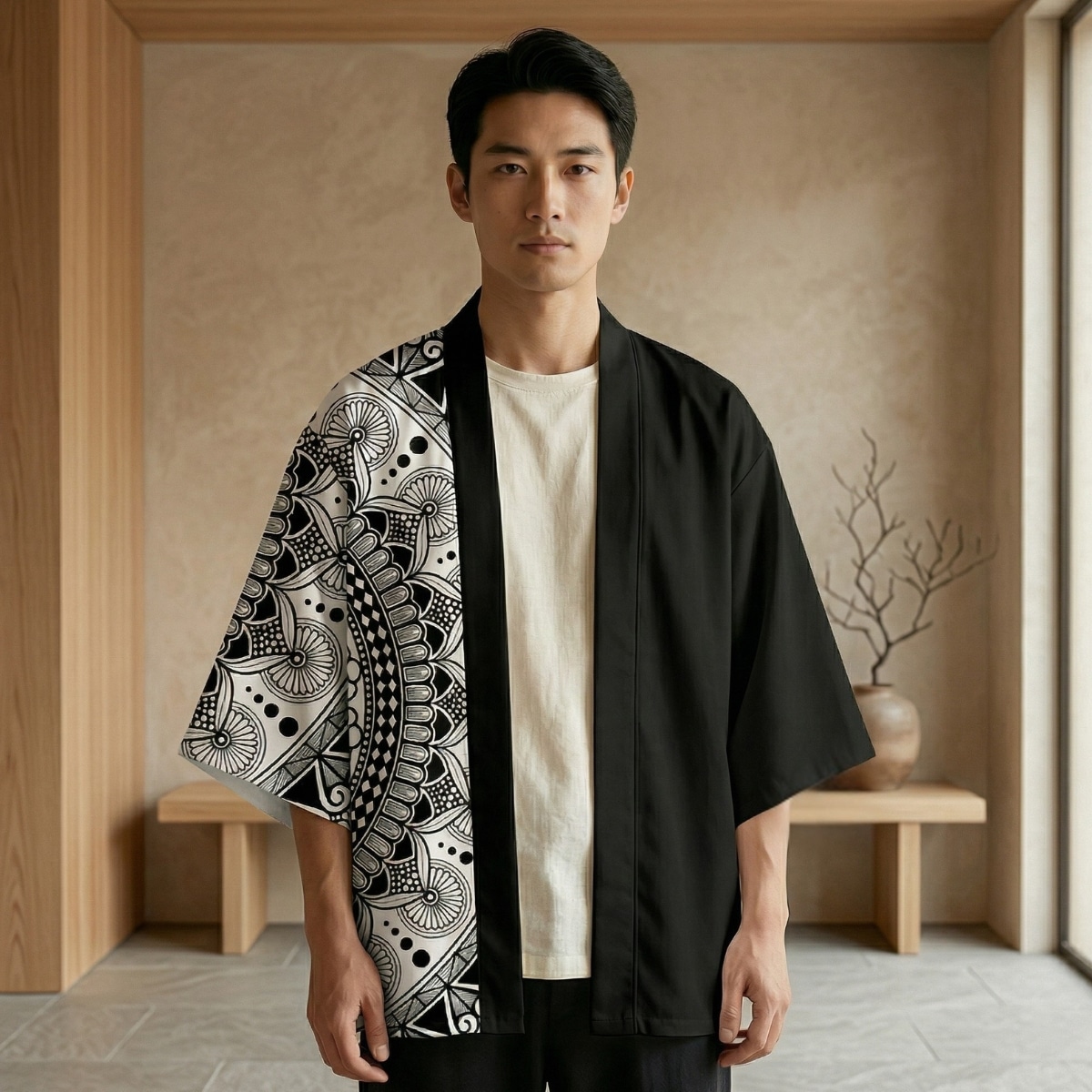Un homme asiatique portant une veste haori homme noire et blanche à motif mandala, dont un côté est uni et l'autre orné de dessins circulaires détaillés, dans une pièce épurée au style japonais avec des murs beiges et du mobilier en bois clair.