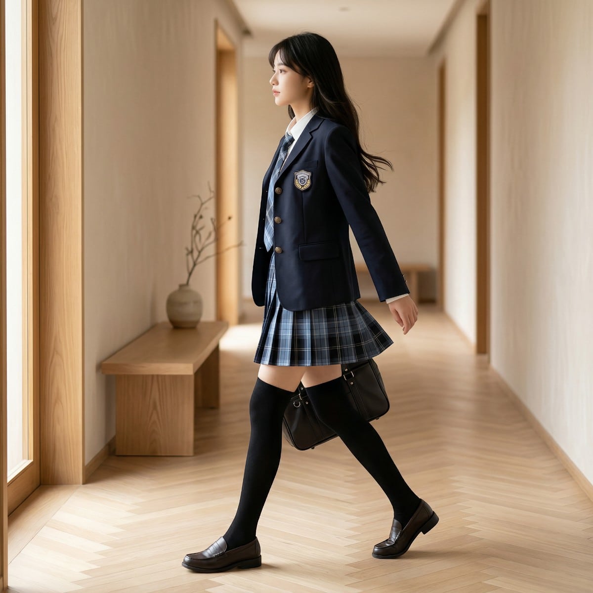 Uniforme japonais blazer jupe à carreaux pour lycéenne — style japandi