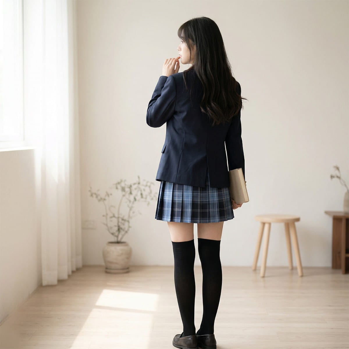 Uniforme japonais blazer jupe à carreaux pour lycéenne — style japandi
