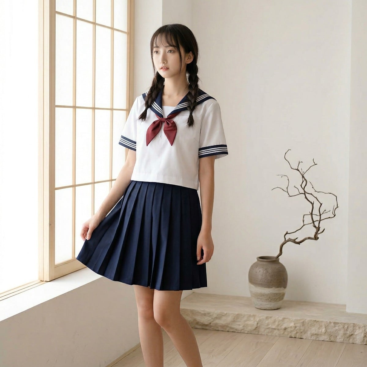 Jeune femme aux nattes portant un uniforme japonais fille blanc nœud rouge et chaussettes, composé d'un haut blanc à col sailor marine orné de liserés blancs et d'un nœud bordeaux, associé à une jupe courte plissée bleu marine et des chaussettes hautes noires, dans un intérieur épuré aux tons clairs.