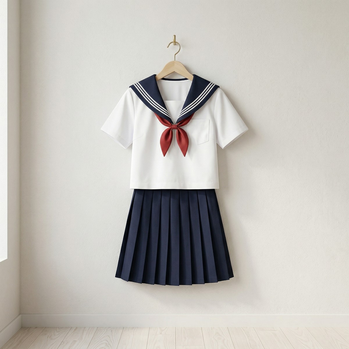 Uniforme japonais fille blanc nœud rouge et chaussettes — style japandi
