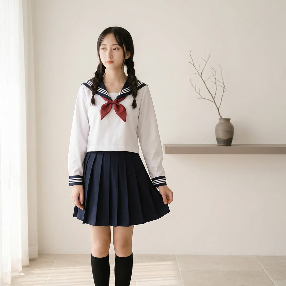 Uniforme japonais fille blanc nœud rouge et chaussettes — style japandi
