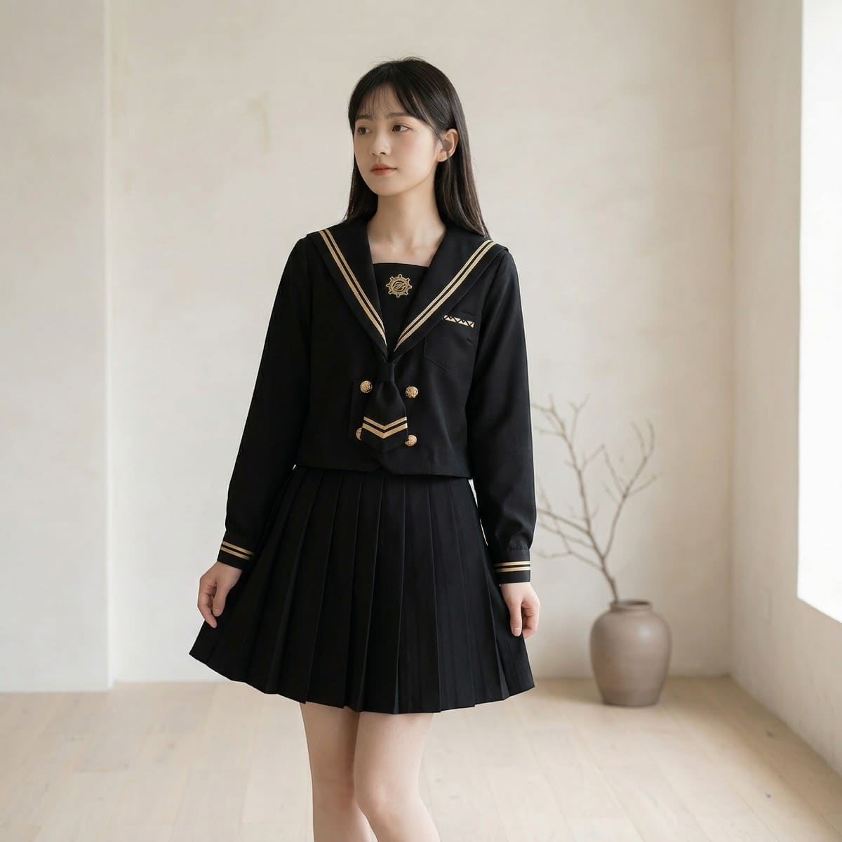 Jeune femme portant un uniforme japonais fille noir galon doré, composé d'une blouse sailor manches longues noire à col orné de liserés dorés, boutonnée avec des boutons dorés et ornée d'un badge métallique, associée à une jupe courte plissée noire, dans un intérieur épuré aux tonalités neutres.
