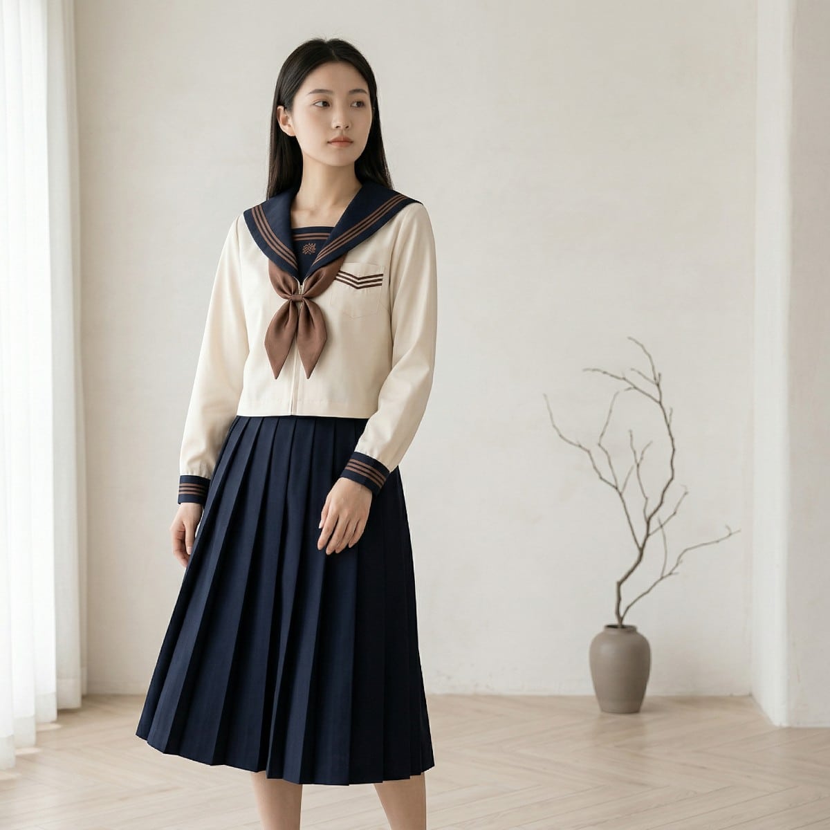 Jeune femme portant un uniforme japonais manches longues ton neutre, composé d'un haut blanc cassé à col sailor bleu marine orné de liserés dorés et d'un nœud papillon chocolat, associé à une longue jupe plissée bleu marine, dans un intérieur lumineux aux tonalités naturelles.