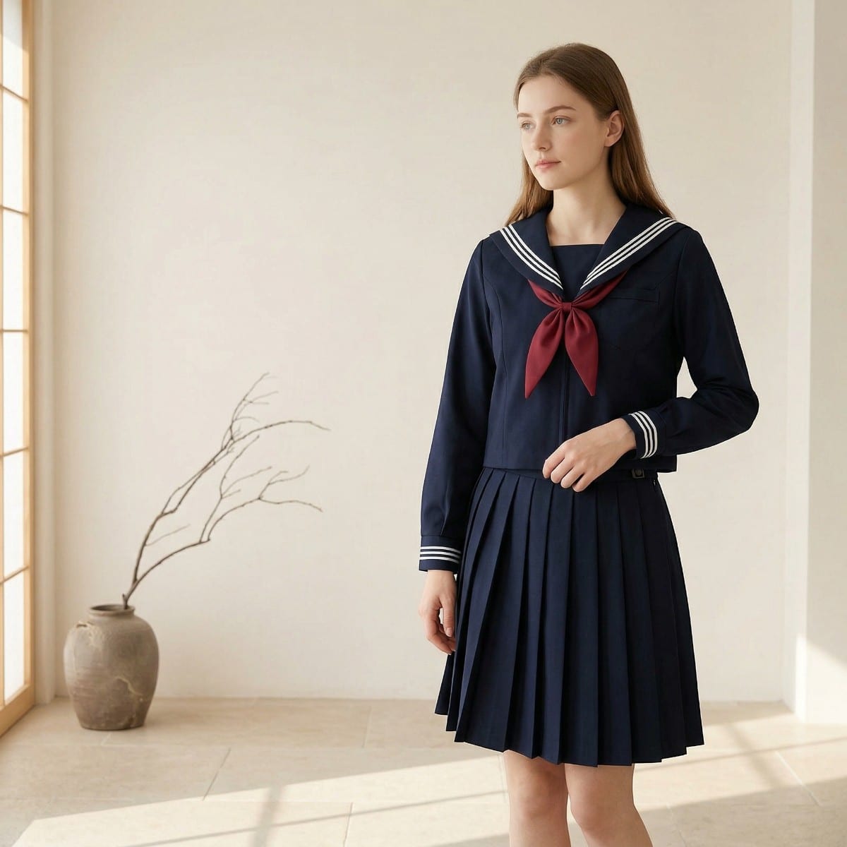 Jeune femme portant un uniforme scolaire japonais fille bleu marine intégral, composé d'une veste sailor manches longues bleu marine à col orné de liserés blancs et d'un nœud bordeaux, associée à une jupe courte plissée bleu marine, dans un intérieur épuré à l'ambiance japonaise.