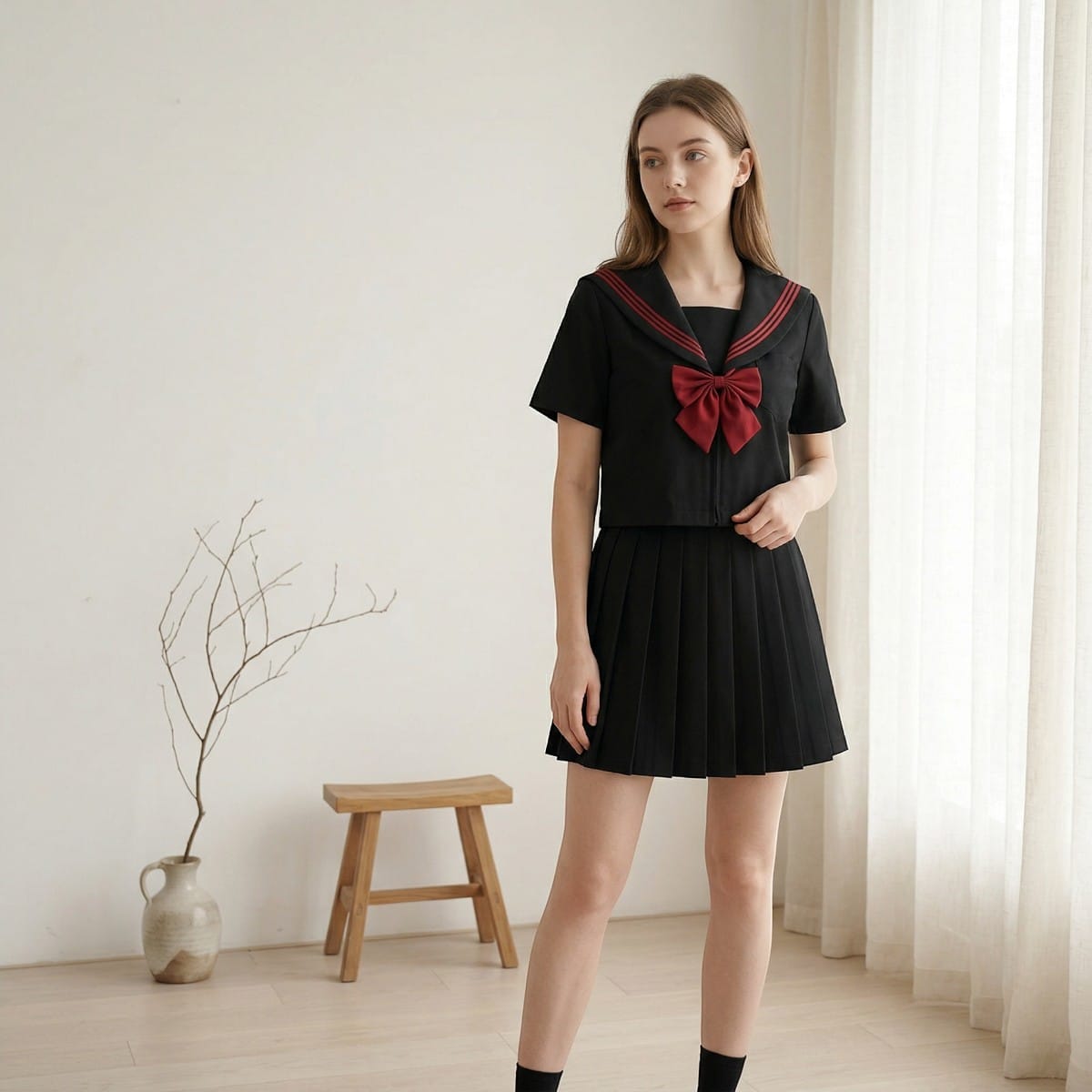 Uniforme scolaire japonais noir accents rouges — style japandi