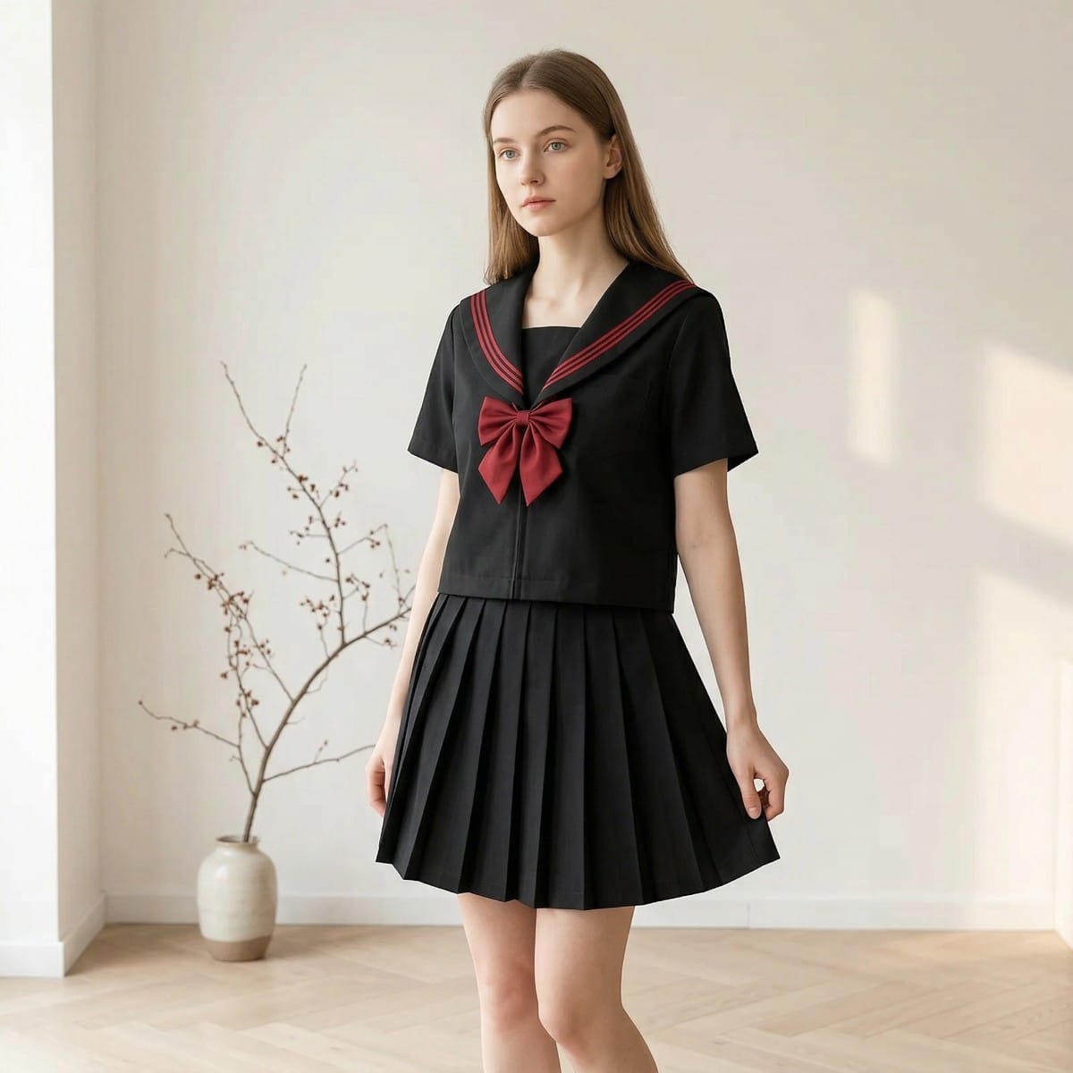 Jeune femme portant un uniforme scolaire japonais noir aux accents rouges, composé d'un haut sailor manches courtes noir à col orné de liserés bordeaux et d'un large nœud papillon rouge, associé à une jupe courte plissée noire, dans un intérieur lumineux aux tonalités neutres.