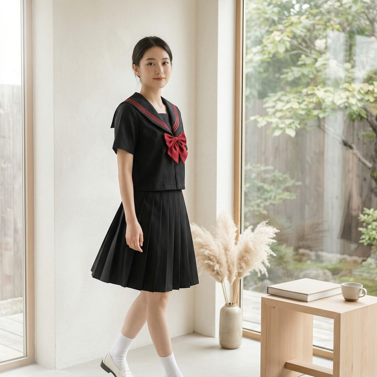 Uniforme scolaire japonais noir accents rouges — style japandi