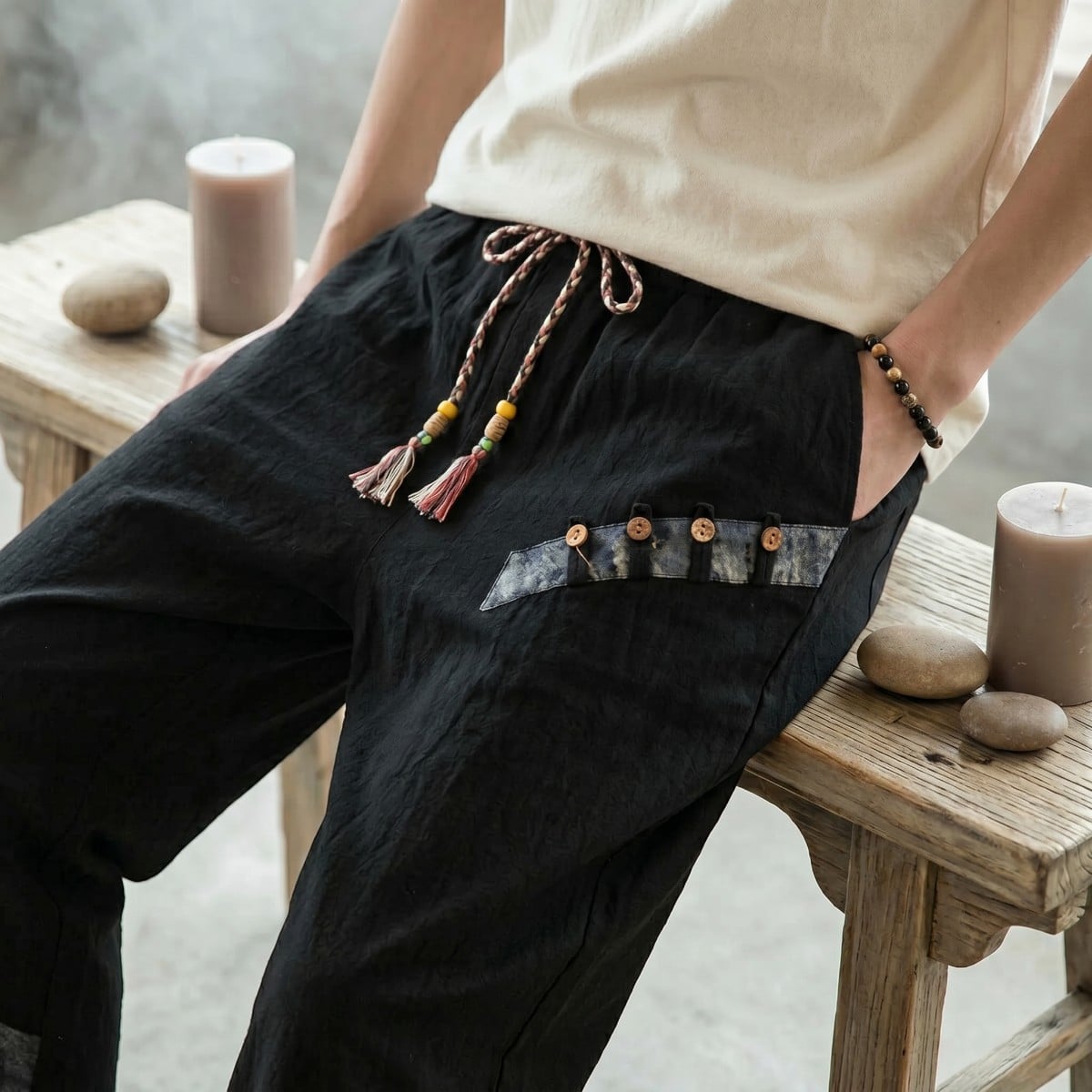 Pantalon japonais 7/8 patchwork homme — style japandi
