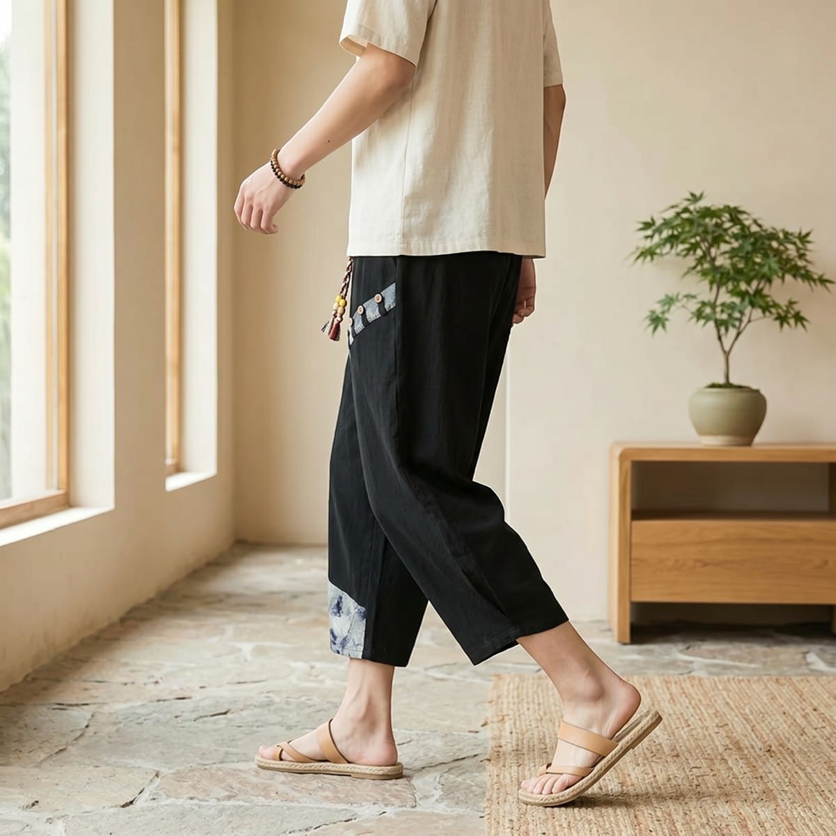 Pantalon japonais 7/8 patchwork homme — style japandi
