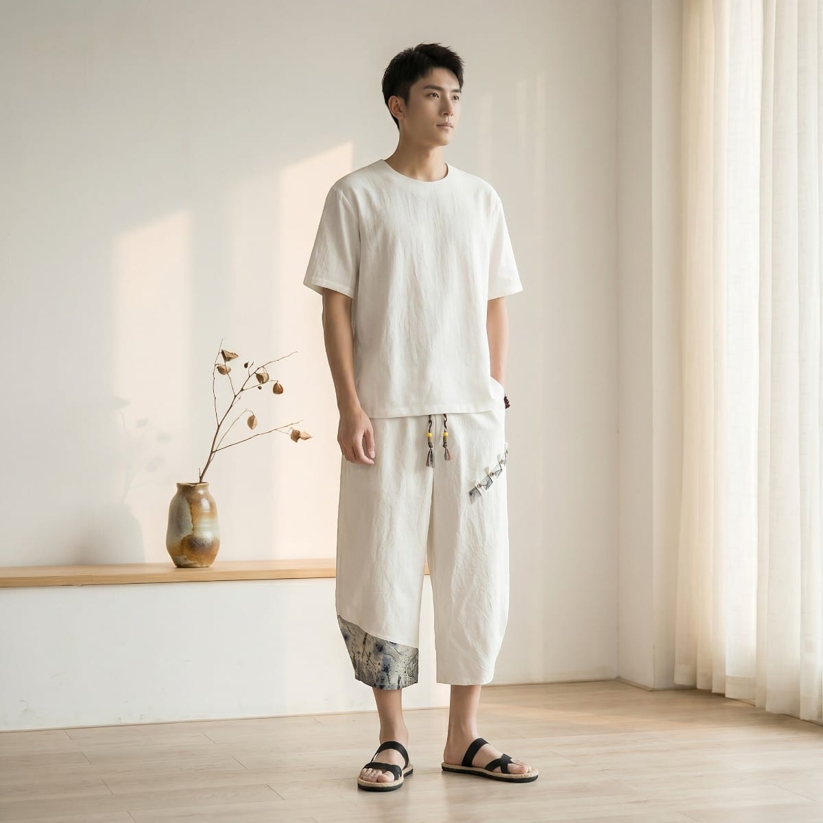 Un jeune homme pose debout en portant un pantalon japonais 7/8 patchwork homme de couleur blanc avec une ceinture nouée, accompagné d'un t-shirt blanc, dans une pièce épurée et lumineuse au parquet clair avec un vase décoratif sur le côté.