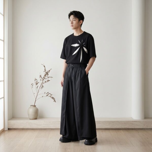 Un jeune homme asiatique portant le pantalon japonais hakama noir streetwear homme au style samue moderne de couleur noire et très large, accompagné d'un t-shirt blanc, dans une pièce épurée et lumineuse avec un vase décoratif.