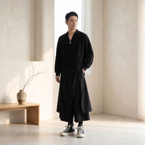 Un homme portant un pantalon japonais homme dark double layer noir et ample, avec un effet de superposition de tissus, sur un banc en bois clair devant un mur blanc sobre.