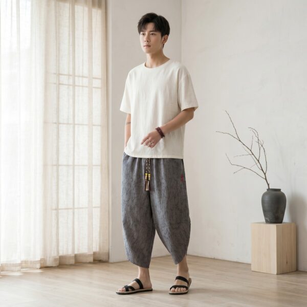 Un jeune homme pose avec un pantalon japonais homme style yukata lin gris à motifs, assorti d'un t-shirt blanc léger, dans une pièce épurée et lumineuse avec un rideau clair et une plante minimaliste en arrière-plan.