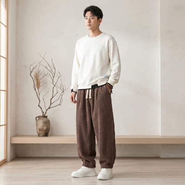 Un jeune homme portant un pantalon japonais velours côtelé homme de couleur marron avec un sweat blanc, posant dans une pièce lumineuse au décor épuré avec un vase et des branches sèches.