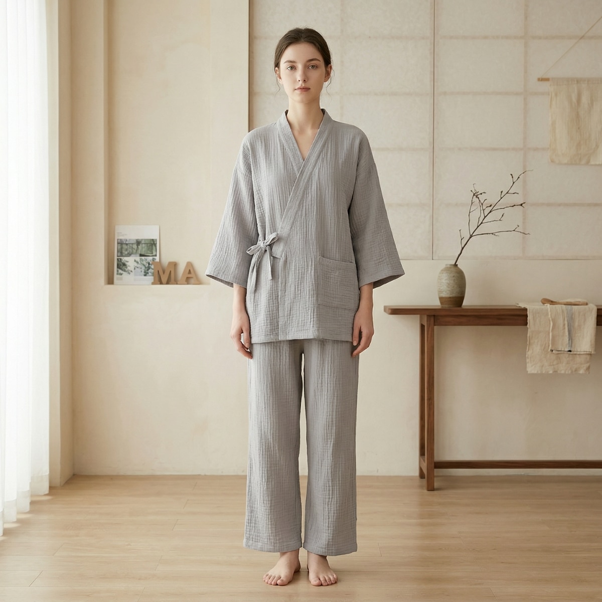 Femme portant un jinbei gris en gaze de coton, dans un salon Japandi beige